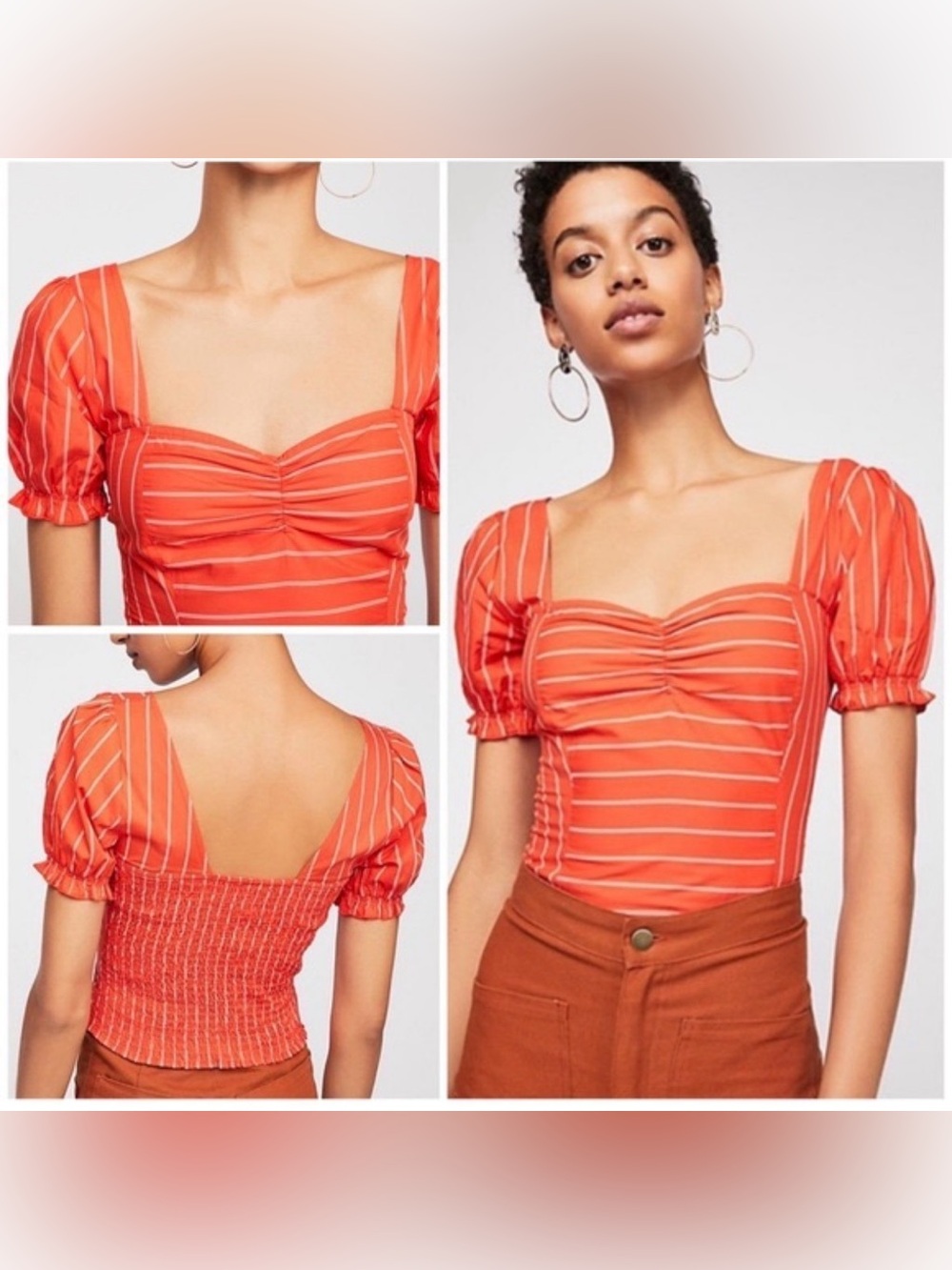 Free People Coral Striped Square-Neck Puff Sleeve Crop Top